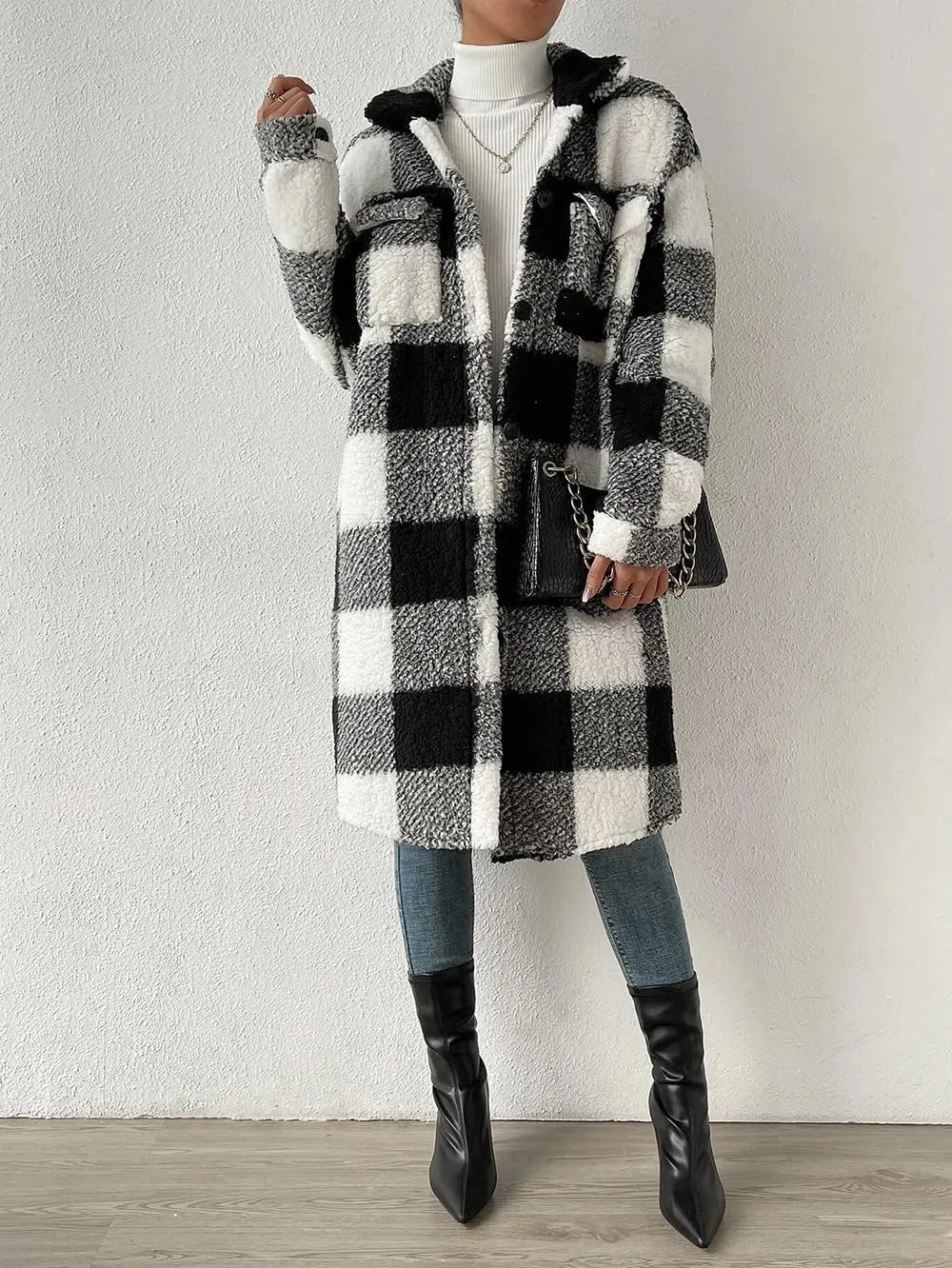 utcoco Womens Long Fleece Plaid Jacket Cozy Lapel Button Down Sherpa Shacket 2024 Fall Winter Plaid Coats