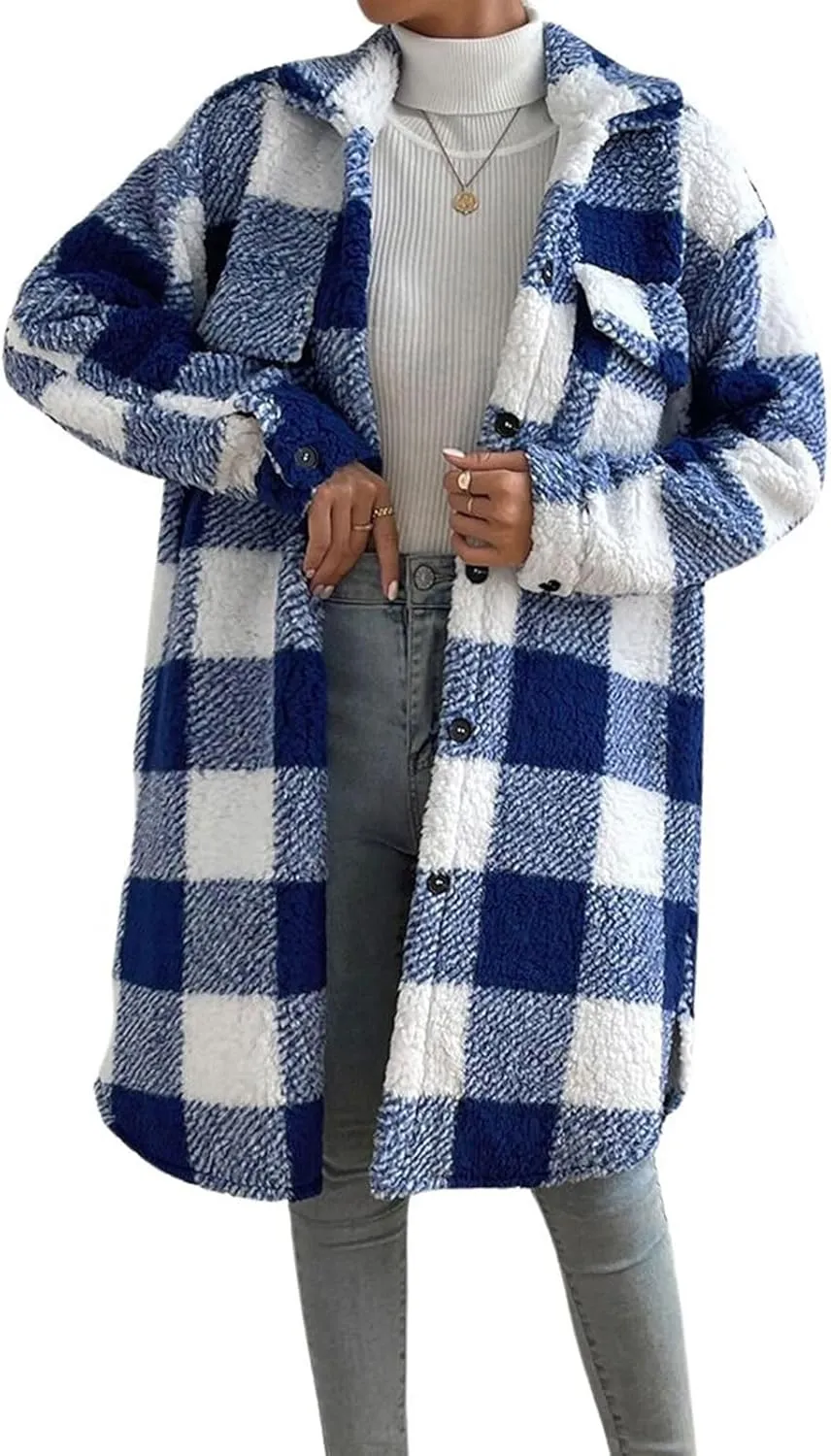 utcoco Womens Long Fleece Plaid Jacket Cozy Lapel Button Down Sherpa Shacket 2024 Fall Winter Plaid Coats
