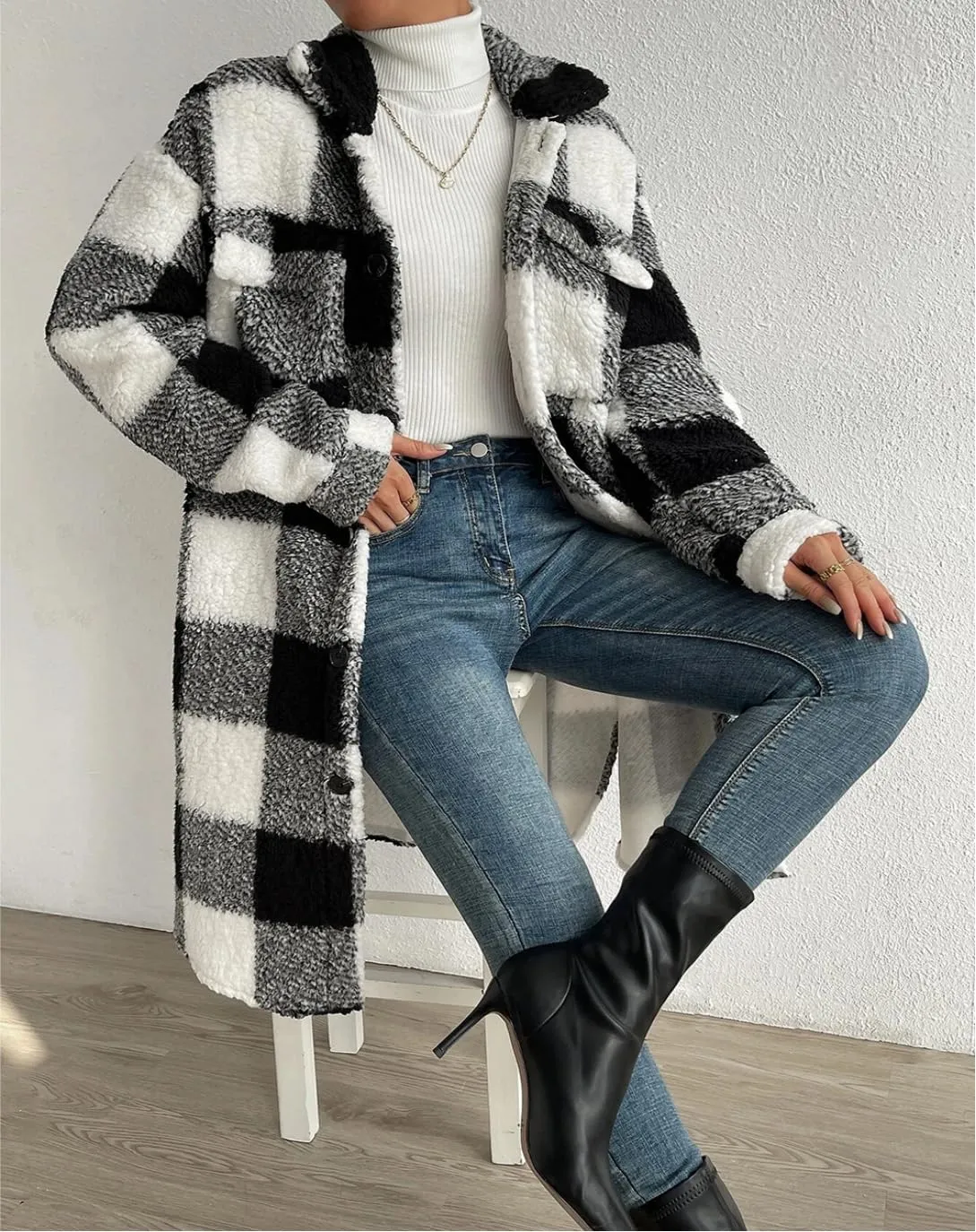 utcoco Womens Long Fleece Plaid Jacket Cozy Lapel Button Down Sherpa Shacket 2024 Fall Winter Plaid Coats
