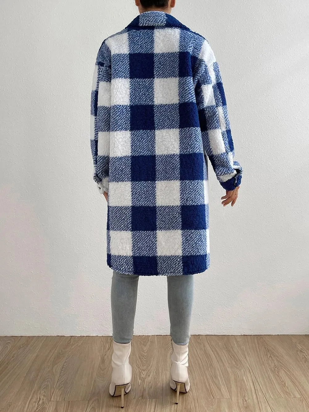 utcoco Womens Long Fleece Plaid Jacket Cozy Lapel Button Down Sherpa Shacket 2024 Fall Winter Plaid Coats