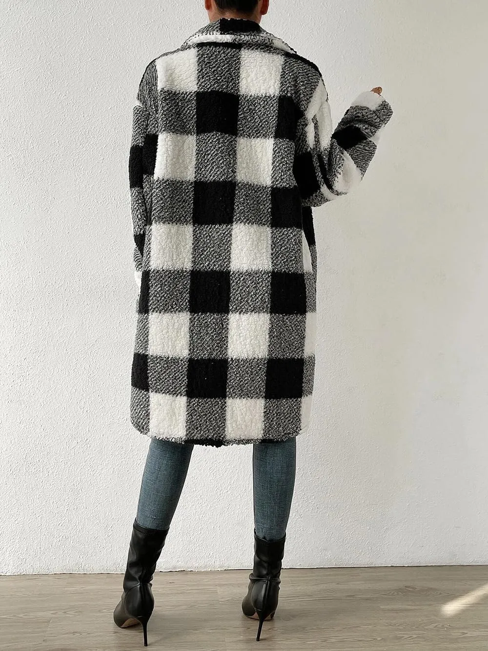 utcoco Womens Long Fleece Plaid Jacket Cozy Lapel Button Down Sherpa Shacket 2024 Fall Winter Plaid Coats
