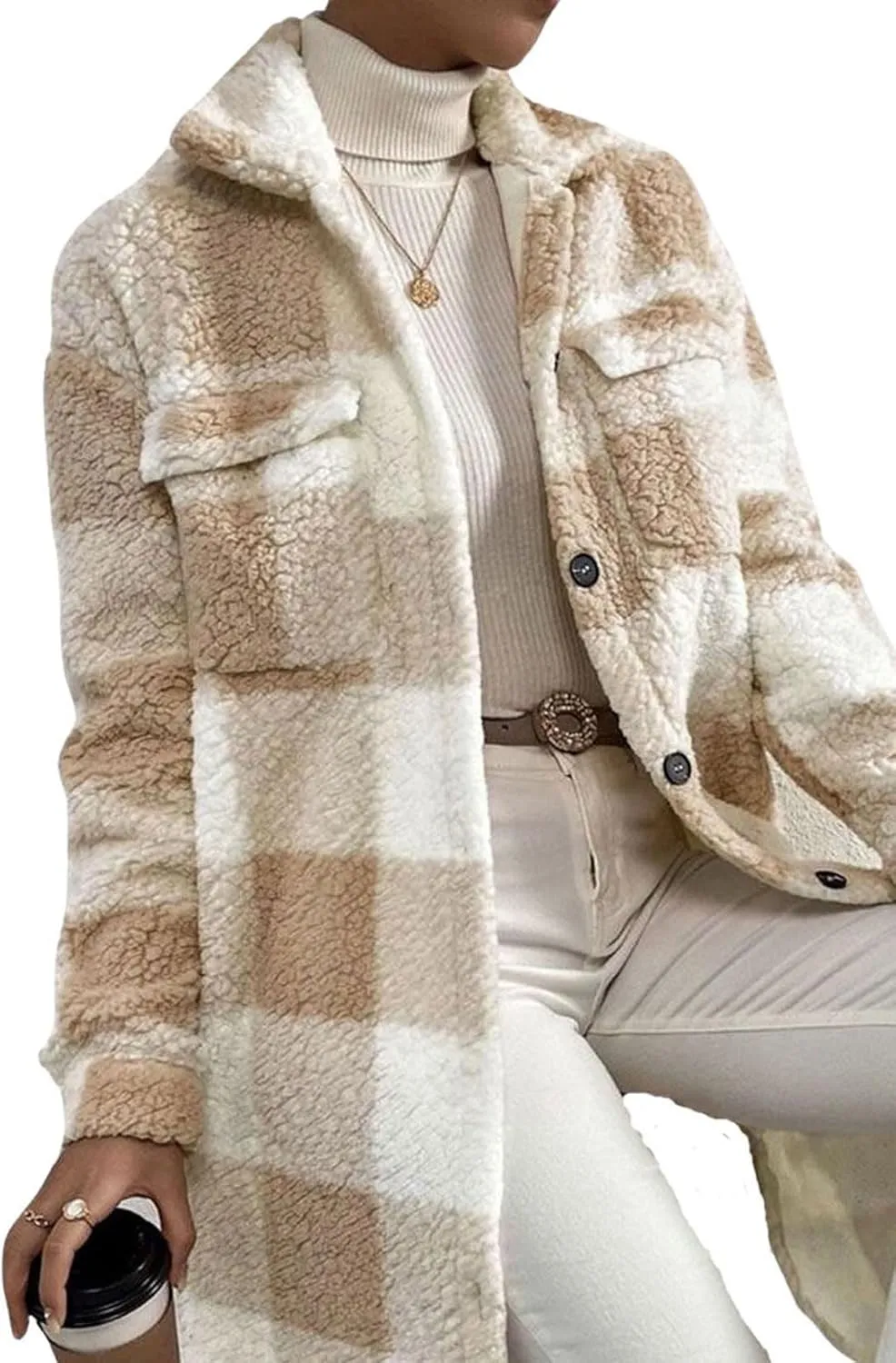 utcoco Womens Long Fleece Plaid Jacket Cozy Lapel Button Down Sherpa Shacket 2024 Fall Winter Plaid Coats