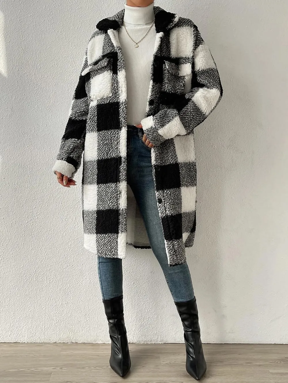 utcoco Womens Long Fleece Plaid Jacket Cozy Lapel Button Down Sherpa Shacket 2024 Fall Winter Plaid Coats