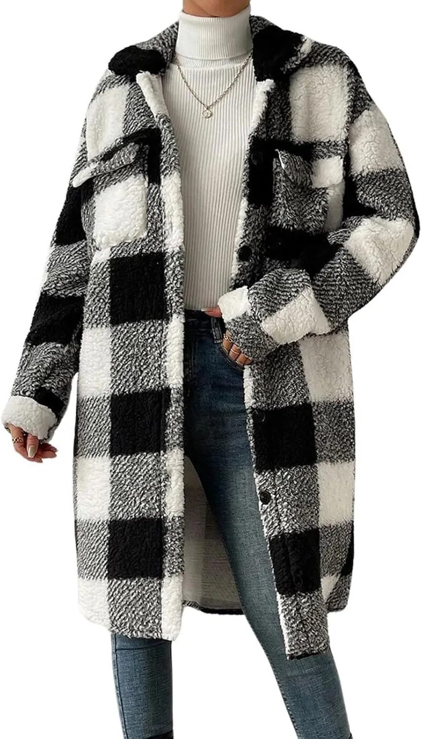 utcoco Womens Long Fleece Plaid Jacket Cozy Lapel Button Down Sherpa Shacket 2024 Fall Winter Plaid Coats