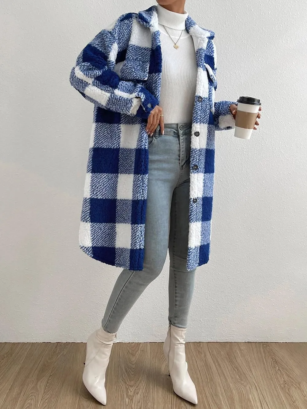 utcoco Womens Long Fleece Plaid Jacket Cozy Lapel Button Down Sherpa Shacket 2024 Fall Winter Plaid Coats