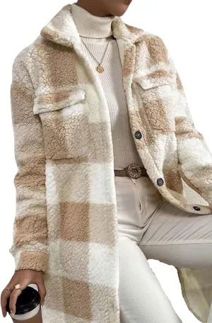 utcoco Womens Long Fleece Plaid Jacket Cozy Lapel Button Down Sherpa Shacket 2024 Fall Winter Plaid Coats