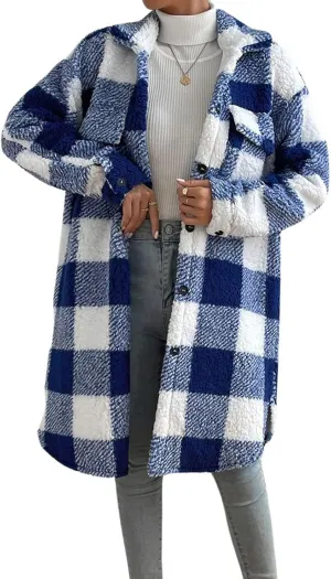 utcoco Womens Long Fleece Plaid Jacket Cozy Lapel Button Down Sherpa Shacket 2024 Fall Winter Plaid Coats
