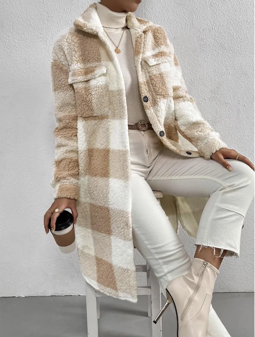 utcoco Womens Long Fleece Plaid Jacket Cozy Lapel Button Down Sherpa Shacket 2024 Fall Winter Plaid Coats