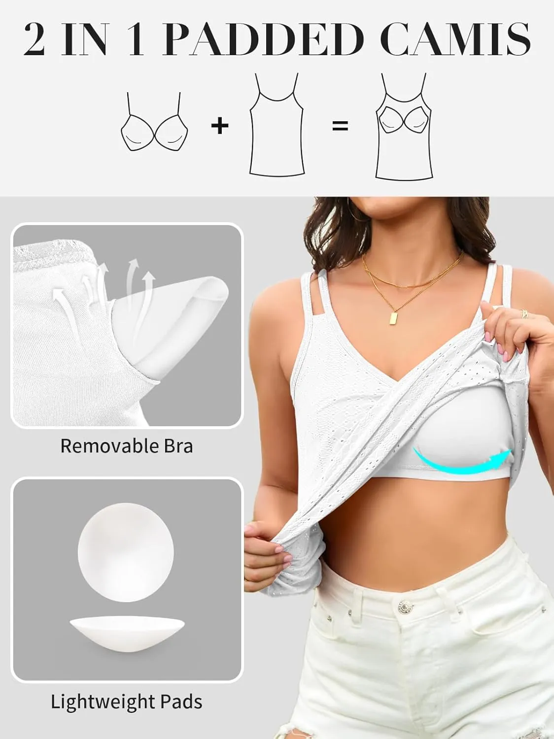 V FOR CITY Womens Tank Tops with Built-in Bra Flowy Eyelet Embroidery V Neck Camisole Adjustable Spaghetti Strap Camis Shirts