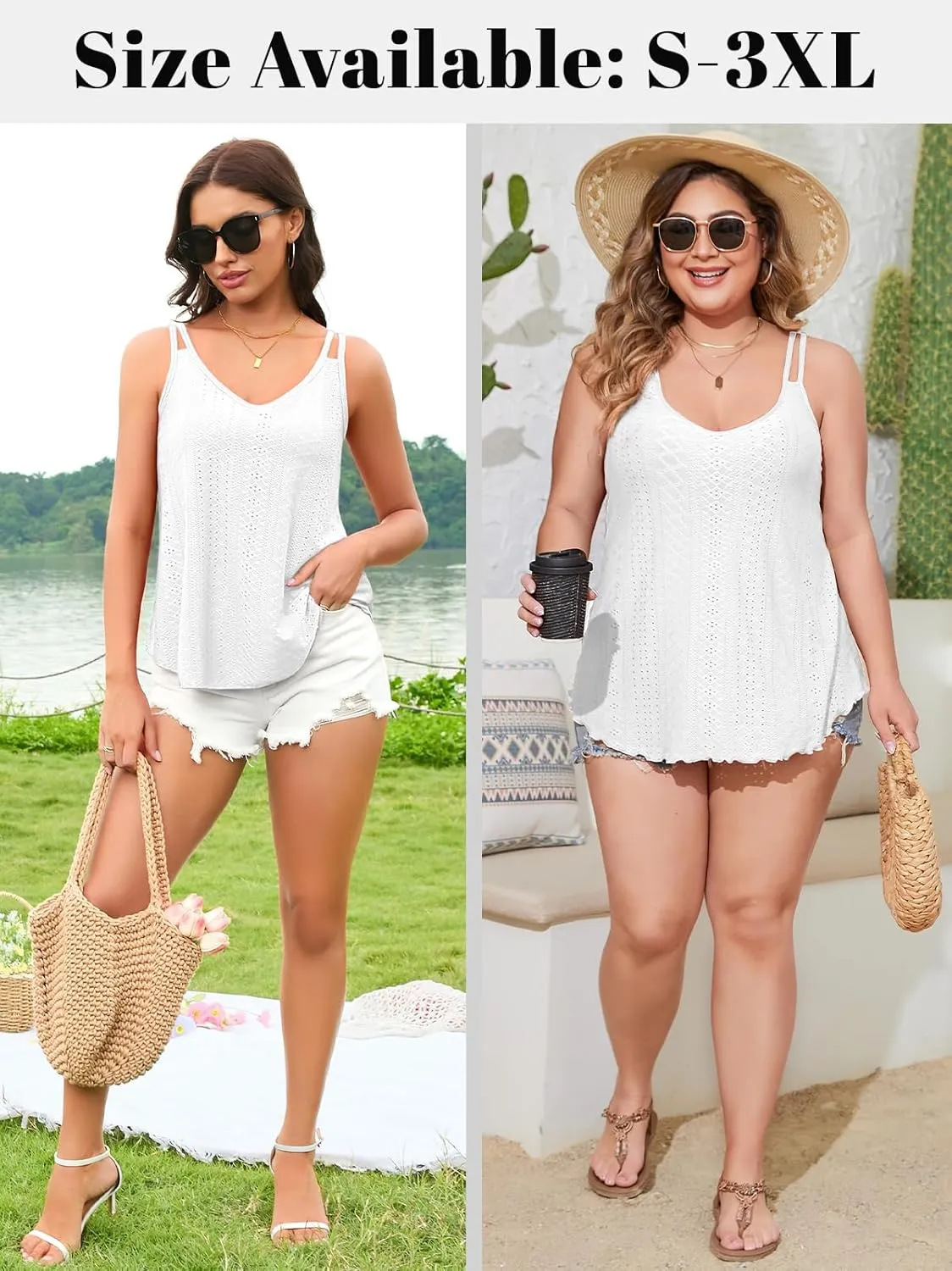 V FOR CITY Womens Tank Tops with Built-in Bra Flowy Eyelet Embroidery V Neck Camisole Adjustable Spaghetti Strap Camis Shirts