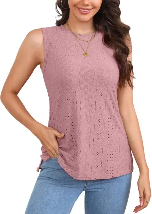 V FOR CITY Women's Tank Tops with Built-in Bra High Neck Eyelet Embroidery Camisole Casual Camis Shirts
