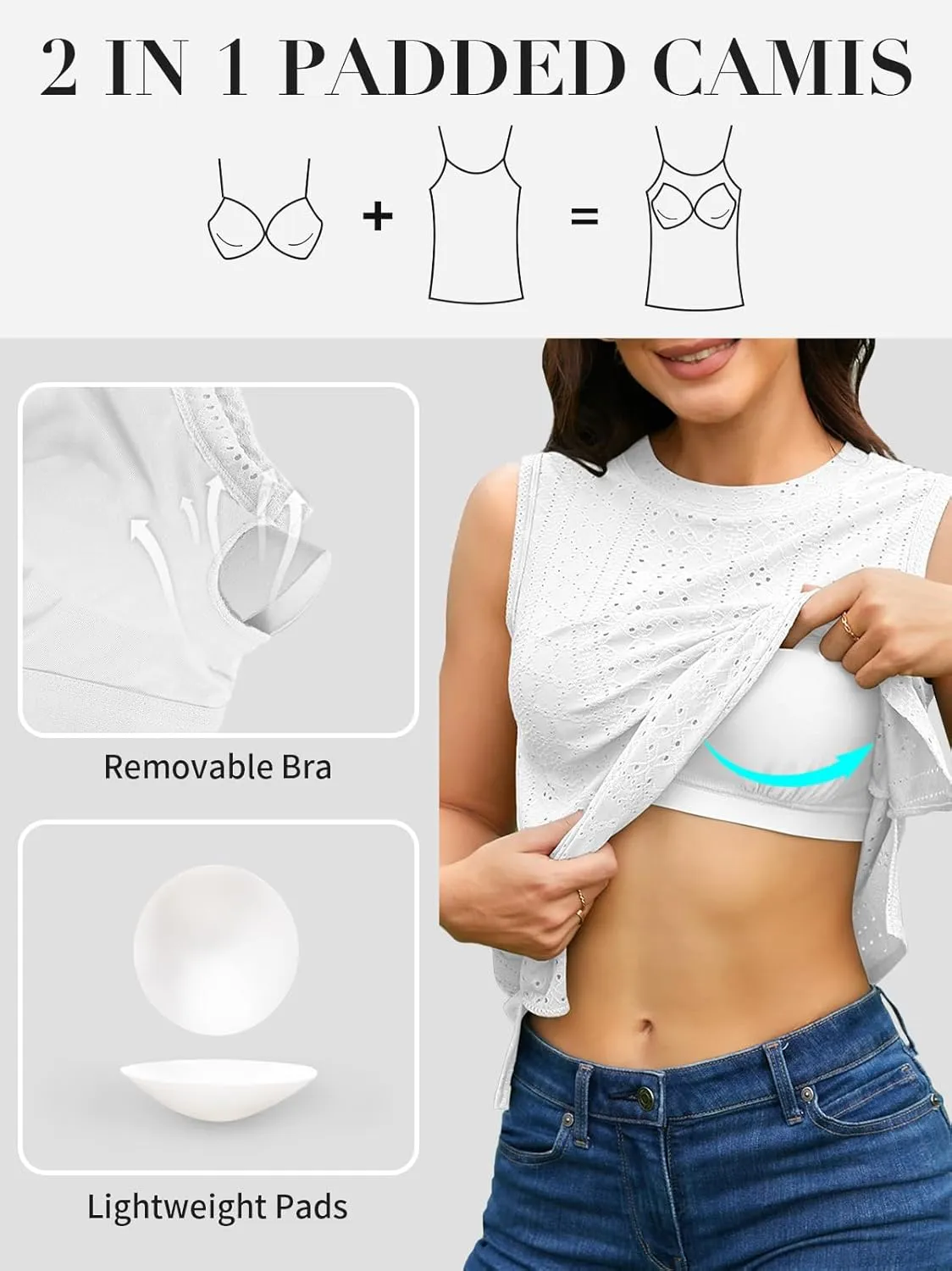 V FOR CITY Women's Tank Tops with Built-in Bra High Neck Eyelet Embroidery Camisole Casual Camis Shirts
