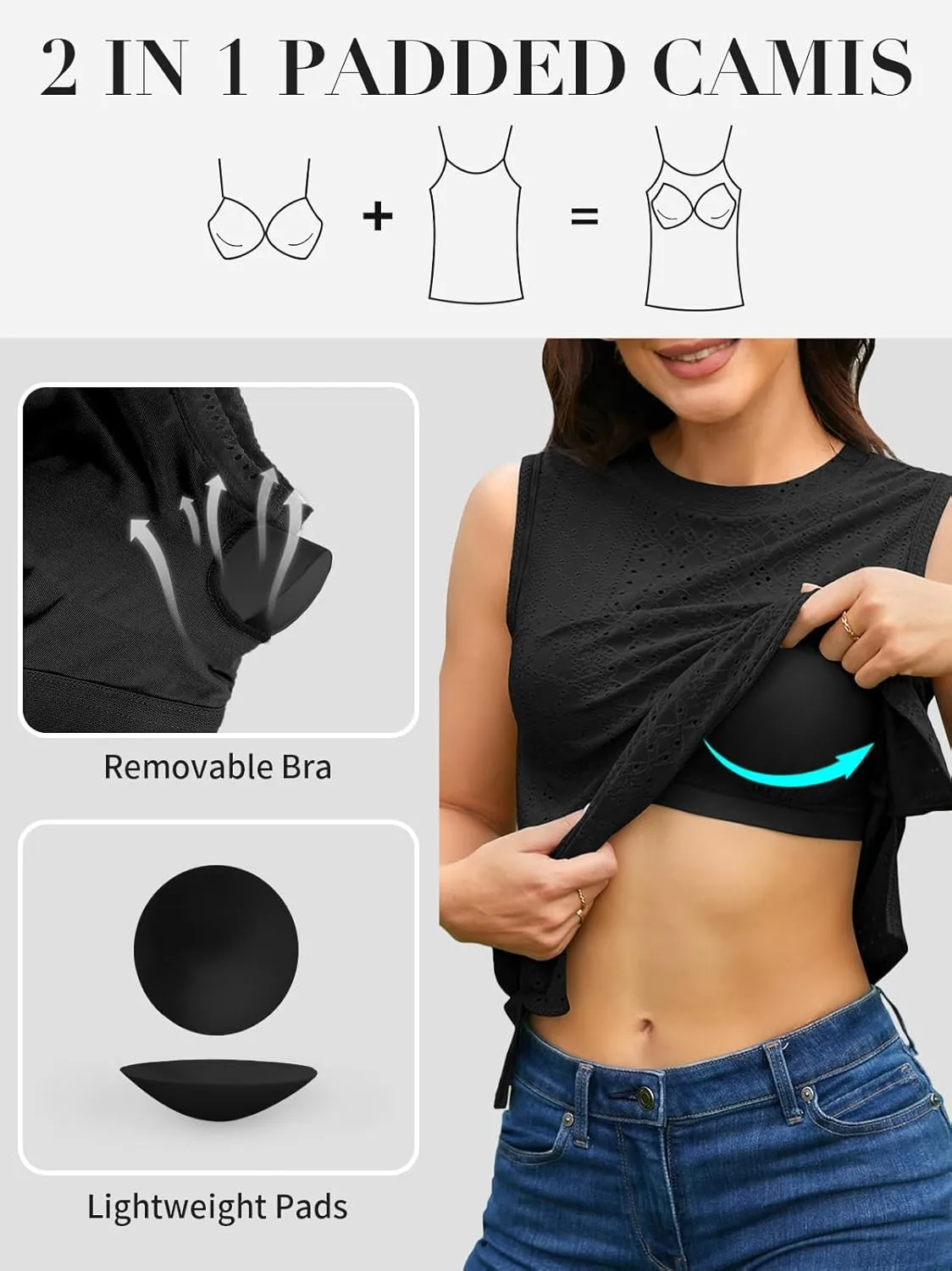 V FOR CITY Women's Tank Tops with Built-in Bra High Neck Eyelet Embroidery Camisole Casual Camis Shirts
