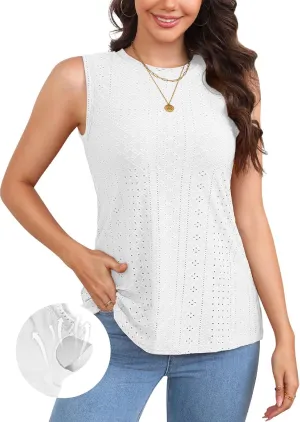 V FOR CITY Women's Tank Tops with Built-in Bra High Neck Eyelet Embroidery Camisole Casual Camis Shirts