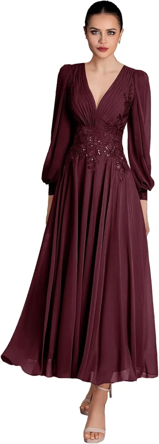 V Neck Mother of The Bride Dresses Long Sleeve Evening Formal Dresses Ankle Length Chiffon Evening Gown
