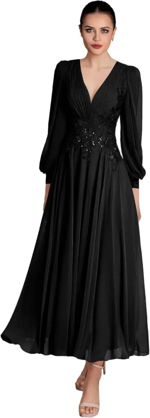 V Neck Mother of The Bride Dresses Long Sleeve Evening Formal Dresses Ankle Length Chiffon Evening Gown