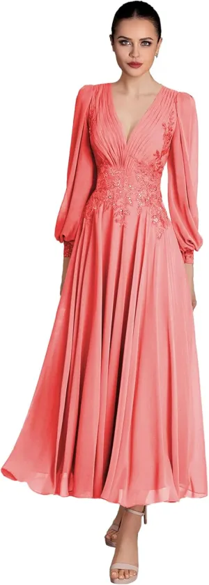 V Neck Mother of The Bride Dresses Long Sleeve Evening Formal Dresses Ankle Length Chiffon Evening Gown