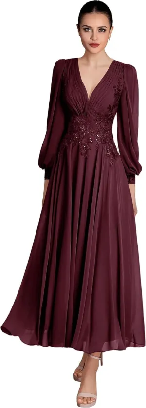 V Neck Mother of The Bride Dresses Long Sleeve Evening Formal Dresses Ankle Length Chiffon Evening Gown