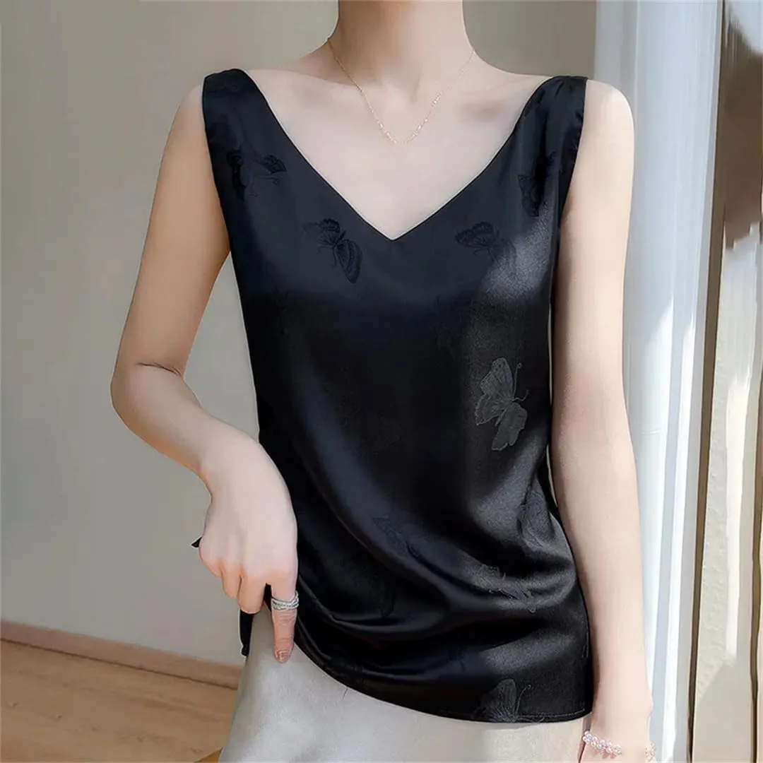 V-Neck Silk Camisole Summer Ladies Sleeveless Thin Vest Jacquard Satin Tops Silk Loose Sling Bottoming Shirt