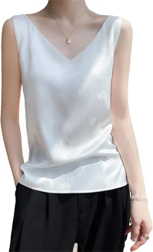 V-Neck Silk Camisole Summer Ladies Sleeveless Thin Vest Jacquard Satin Tops Silk Loose Sling Bottoming Shirt