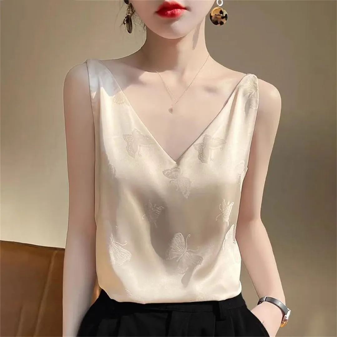 V-Neck Silk Camisole Summer Ladies Sleeveless Thin Vest Jacquard Satin Tops Silk Loose Sling Bottoming Shirt