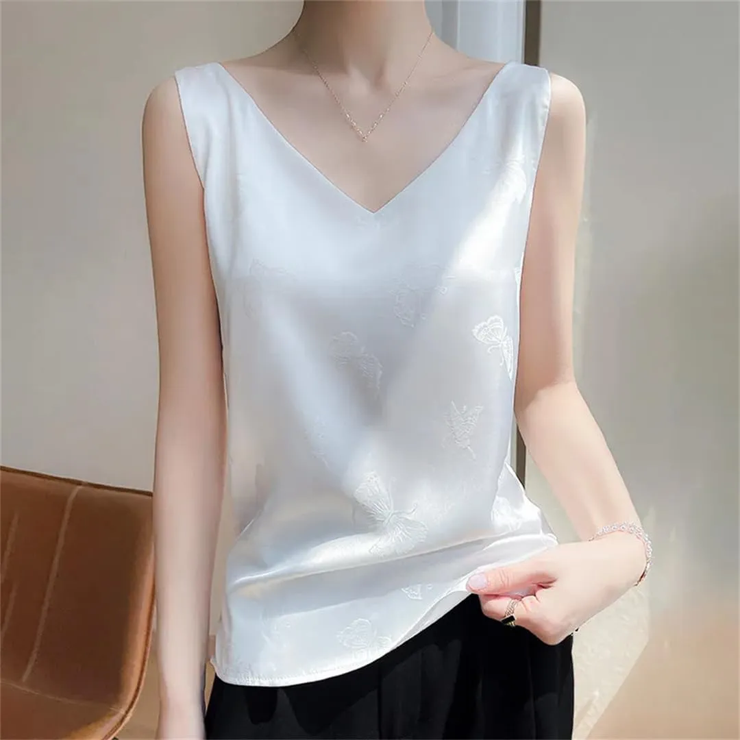V-Neck Silk Camisole Summer Ladies Sleeveless Thin Vest Jacquard Satin Tops Silk Loose Sling Bottoming Shirt