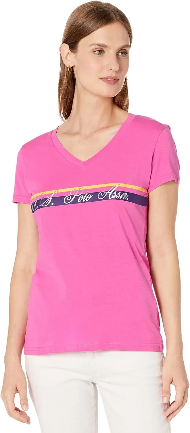 V-NECK STRIPE FOIL GRAPHIC T-SHIRT