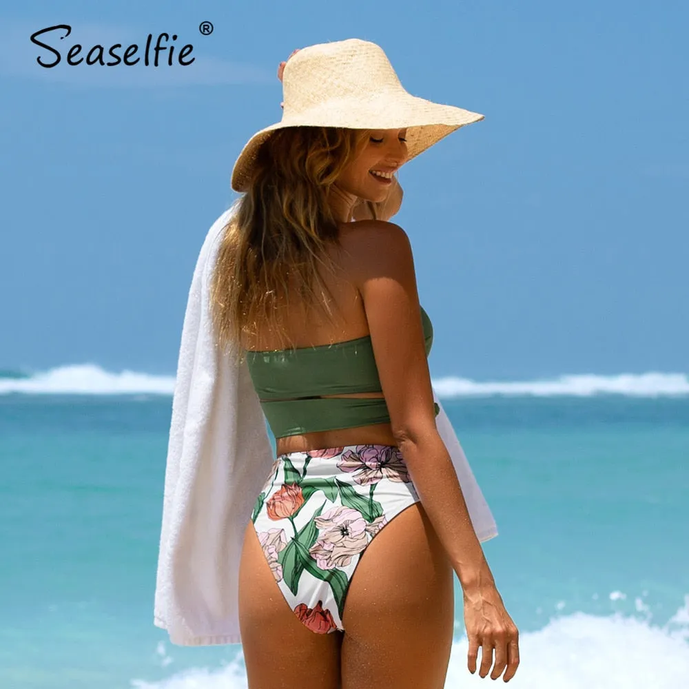 VenusFox Bandeau High Waisted Bikini Sets Women Sexy Lace Up Tank Green Floral Two Piece Swimsuit 2021 Swimming Suit Swimwear
