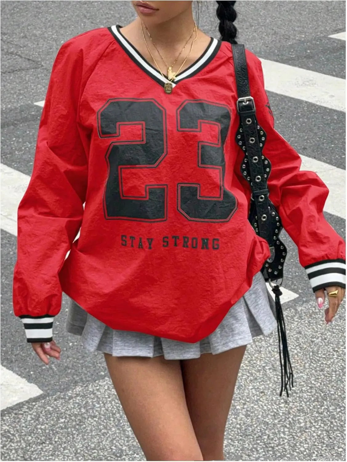 Verdusa Women's Graphic Loose Jersey Shirts V Neck Long Sleeve Game Sweatshirts Top