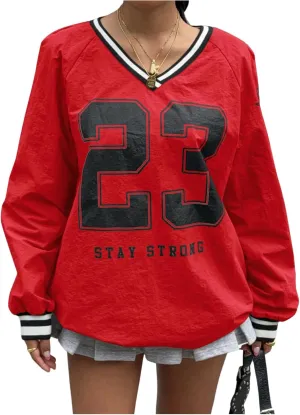 Verdusa Women's Graphic Loose Jersey Shirts V Neck Long Sleeve Game Sweatshirts Top