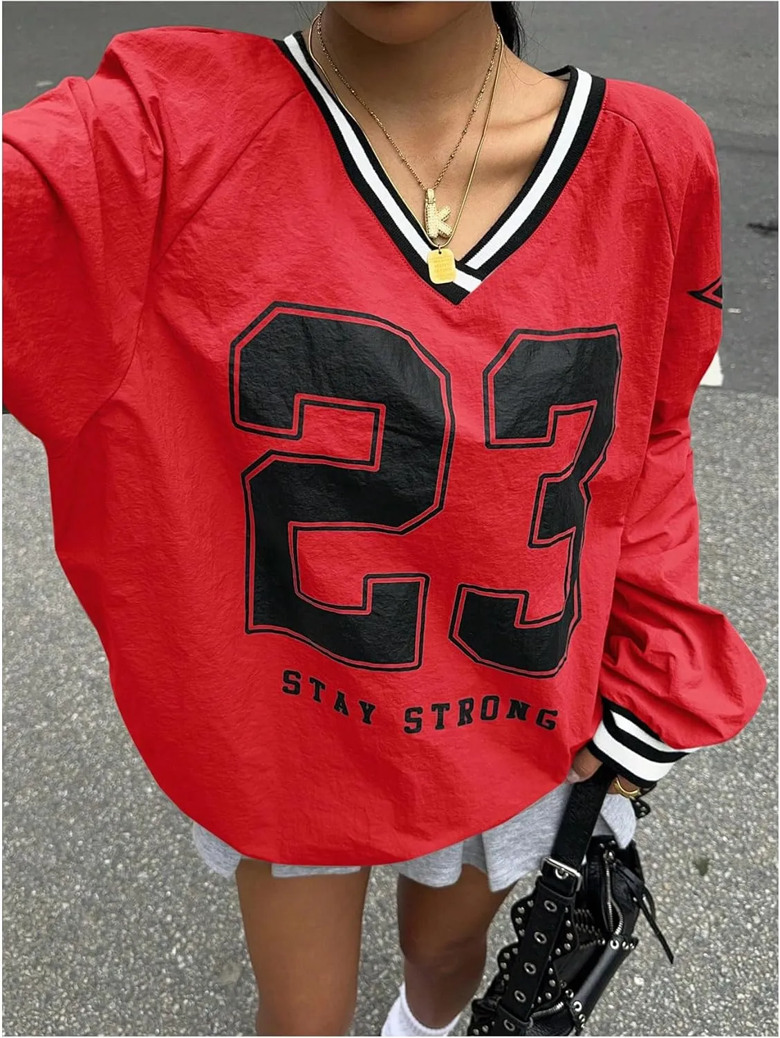 Verdusa Women's Graphic Loose Jersey Shirts V Neck Long Sleeve Game Sweatshirts Top