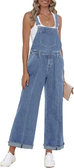 Vetinee Womens Overalls Denim Loose Fit Wide Leg Bib Stretch Baggy Jeans Jumpsuit Y2K Comfy