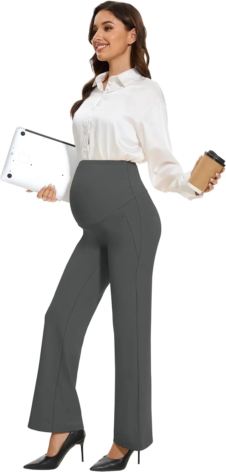 VIMPEP Soft Feeling Wide Leg Maternity Yoga Pants Over The Belly Pregnancy Dress Pants Petite/Regular with Pockets 305