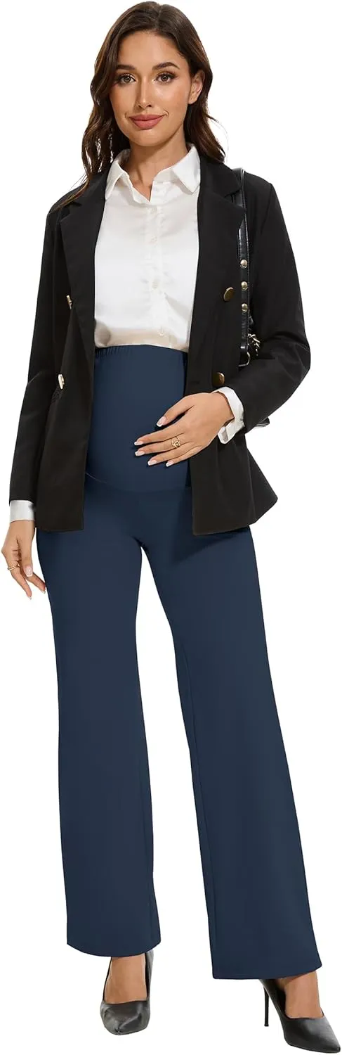VIMPEP Soft Feeling Wide Leg Maternity Yoga Pants Over The Belly Pregnancy Dress Pants Petite/Regular with Pockets 305