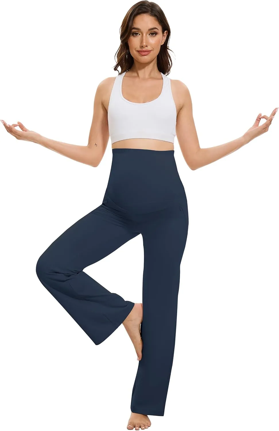 VIMPEP Soft Feeling Wide Leg Maternity Yoga Pants Over The Belly Pregnancy Dress Pants Petite/Regular with Pockets 305