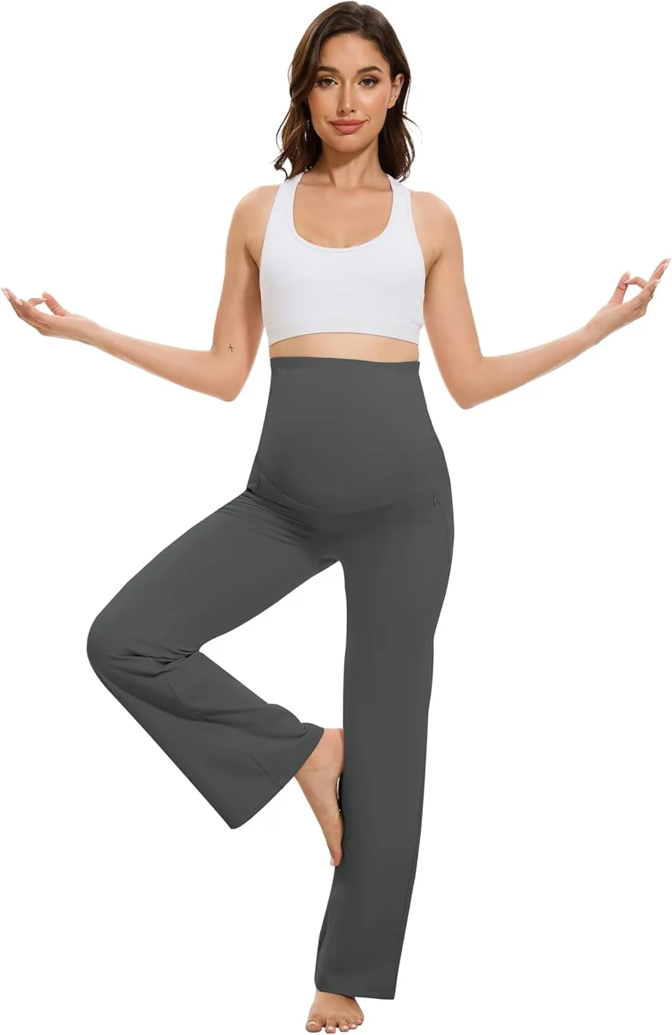 VIMPEP Soft Feeling Wide Leg Maternity Yoga Pants Over The Belly Pregnancy Dress Pants Petite/Regular with Pockets 305
