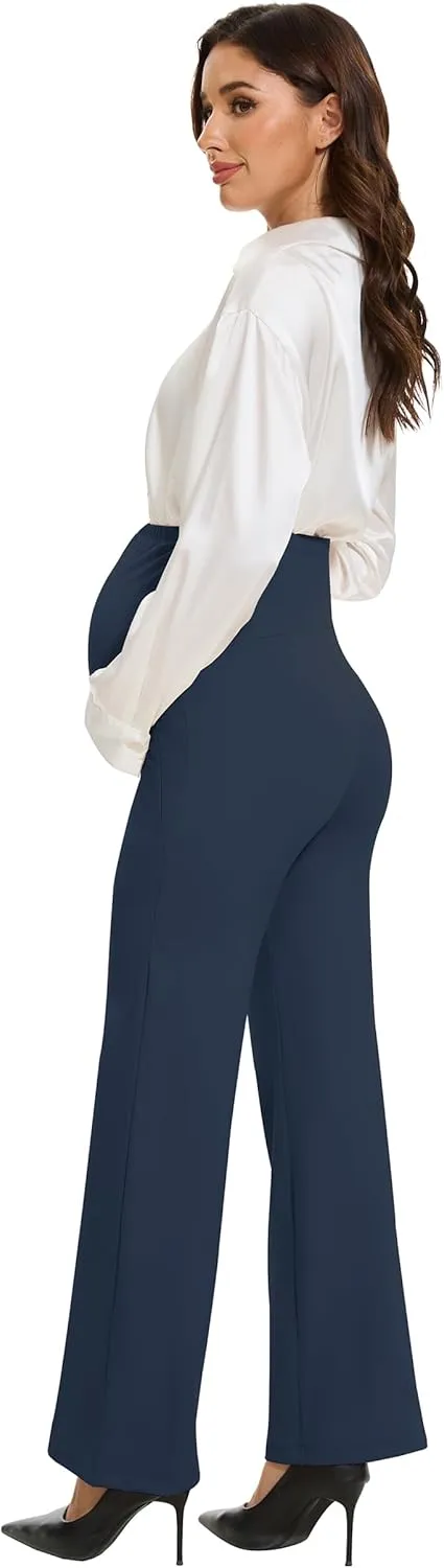 VIMPEP Soft Feeling Wide Leg Maternity Yoga Pants Over The Belly Pregnancy Dress Pants Petite/Regular with Pockets 305