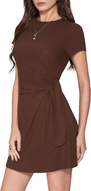 Vinova Women Tie Waist Dress Summer Crew Neck Wrap Mini Dresses Short Sleeve Ruched Bodycon Sundress