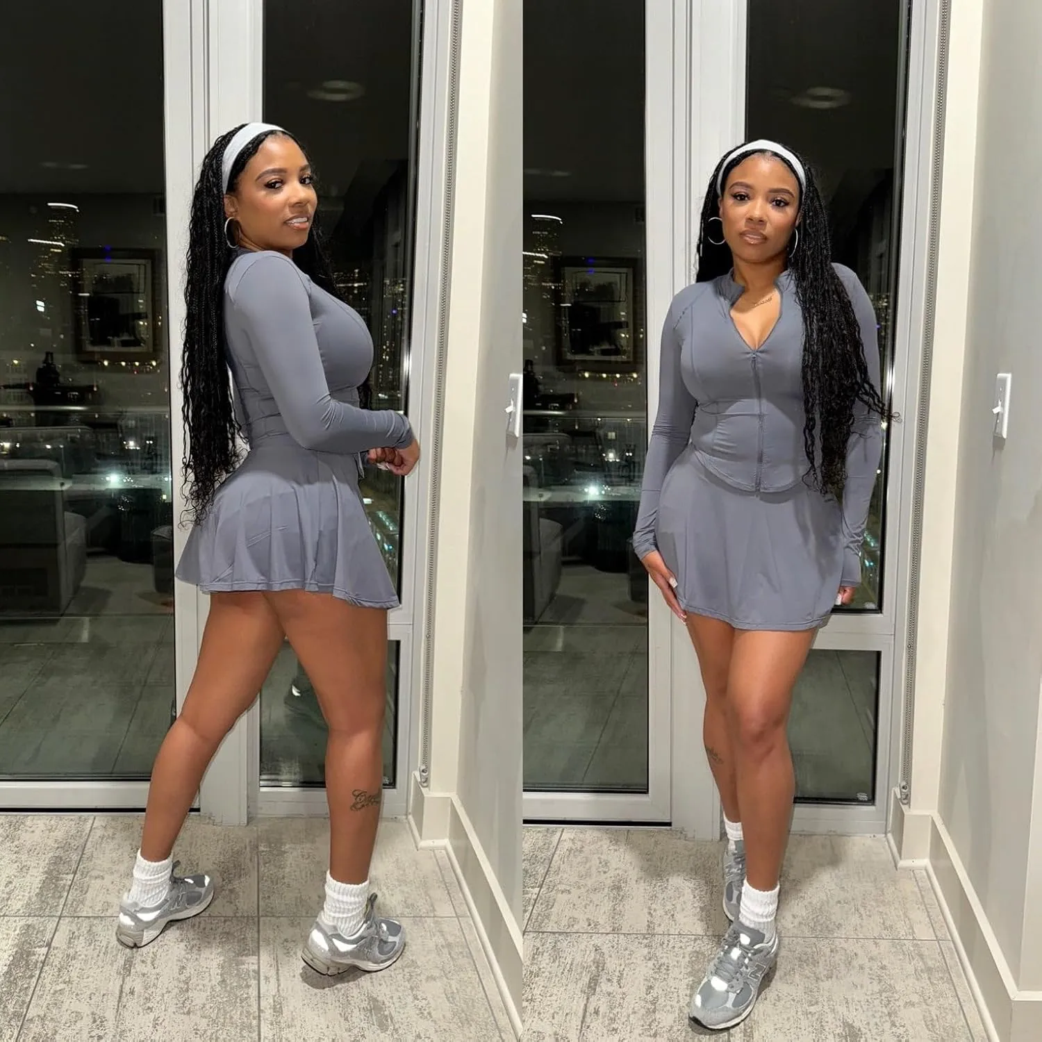 Vssjavun Women 2 Piece Mini Skirt Sets with Long Sleeve Zipper Workout Jacket Sweatsuit Tracksuit Tennis Outfits