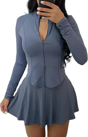 Vssjavun Women 2 Piece Mini Skirt Sets with Long Sleeve Zipper Workout Jacket Sweatsuit Tracksuit Tennis Outfits