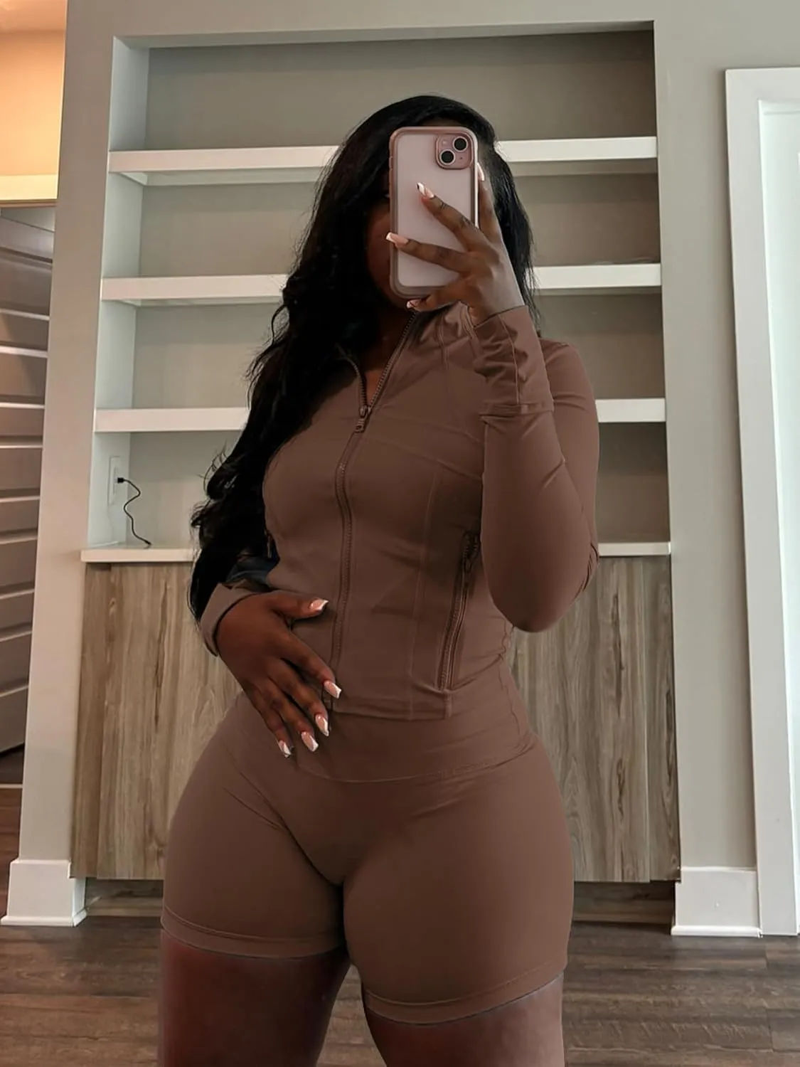 Vssjavun Women 2 Piece Outfits Sweatsuit Sets Long Sleeve Full Zip Workout Jacket Bodycon Shorts Set Tracksuit Loungewear