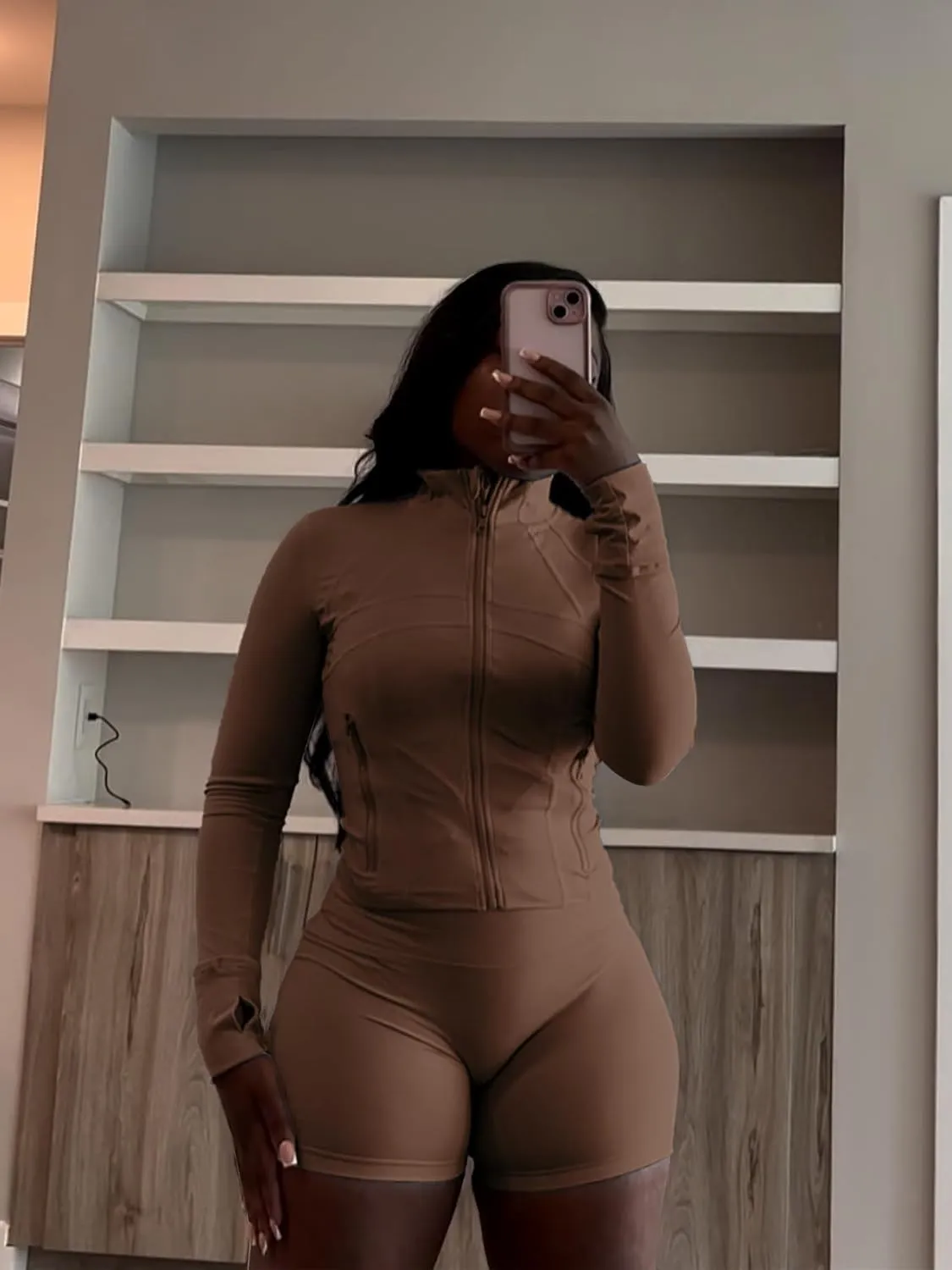 Vssjavun Women 2 Piece Outfits Sweatsuit Sets Long Sleeve Full Zip Workout Jacket Bodycon Shorts Set Tracksuit Loungewear