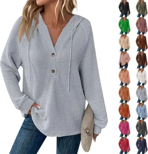 Waffle Knit Hoodies for Women Trendy Casual Button V Neck Sweatshirt Tops Comfy Soft Oversized Sweater Pullover