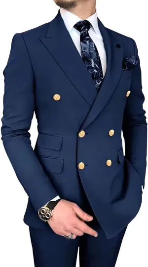 Wangyue Double Breasted Suits for Men - 2 Piece Slim Fit Peak Lapel Blazer & Pants - Business & Party Suits