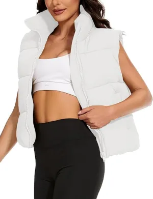 Wanzetaly Women's Puffer Vest Cropped Sleeveless Winter Outerwear Lightweight Stand-up Collar Down Vest with Pockets
