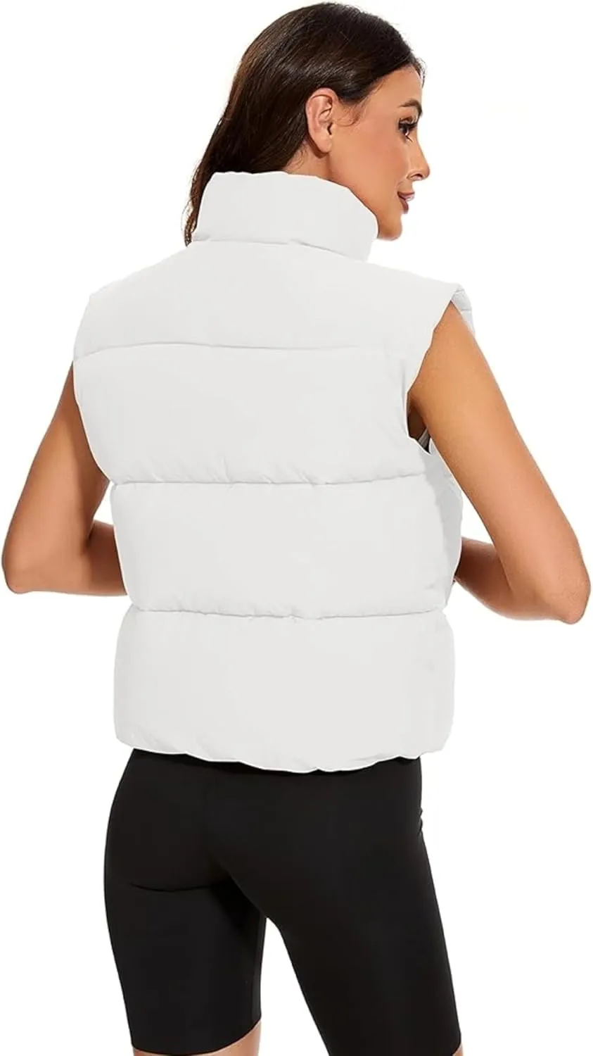 Wanzetaly Women's Puffer Vest Cropped Sleeveless Winter Outerwear Lightweight Stand-up Collar Down Vest with Pockets