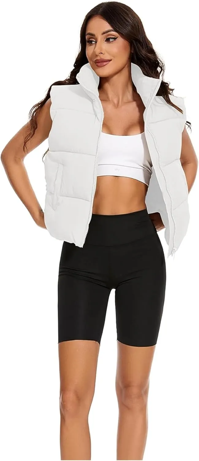 Wanzetaly Women's Puffer Vest Cropped Sleeveless Winter Outerwear Lightweight Stand-up Collar Down Vest with Pockets