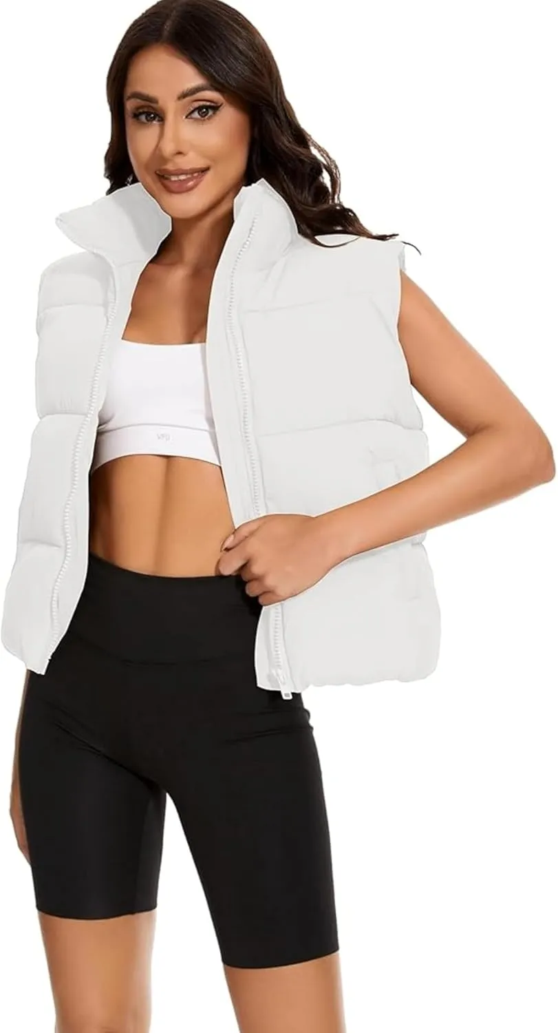 Wanzetaly Women's Puffer Vest Cropped Sleeveless Winter Outerwear Lightweight Stand-up Collar Down Vest with Pockets