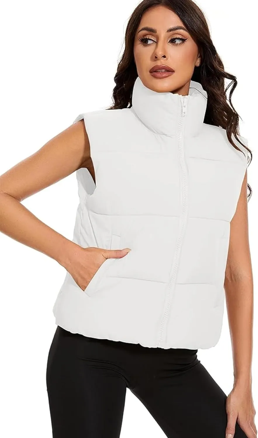 Wanzetaly Women's Puffer Vest Cropped Sleeveless Winter Outerwear Lightweight Stand-up Collar Down Vest with Pockets