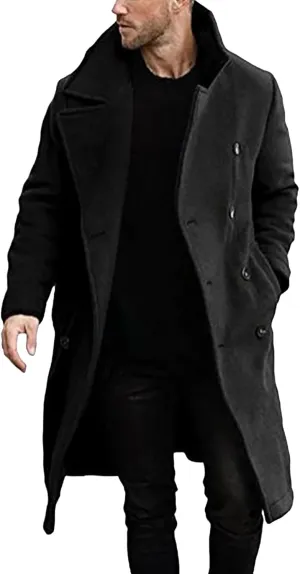 Warm Winter Overcoat with Pockets Men's Solid Color Stand-collar Lengthened Jacket Single Breasted Coat Trench